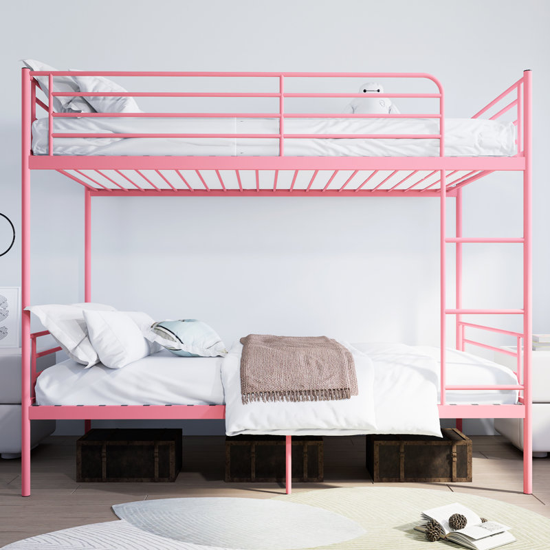 Bunk Bed With Ladder And High Guardrail, Able To Split, Metal Bunk Bed, Storage Space, Noise Free,Twin Over Twin Size,Pink