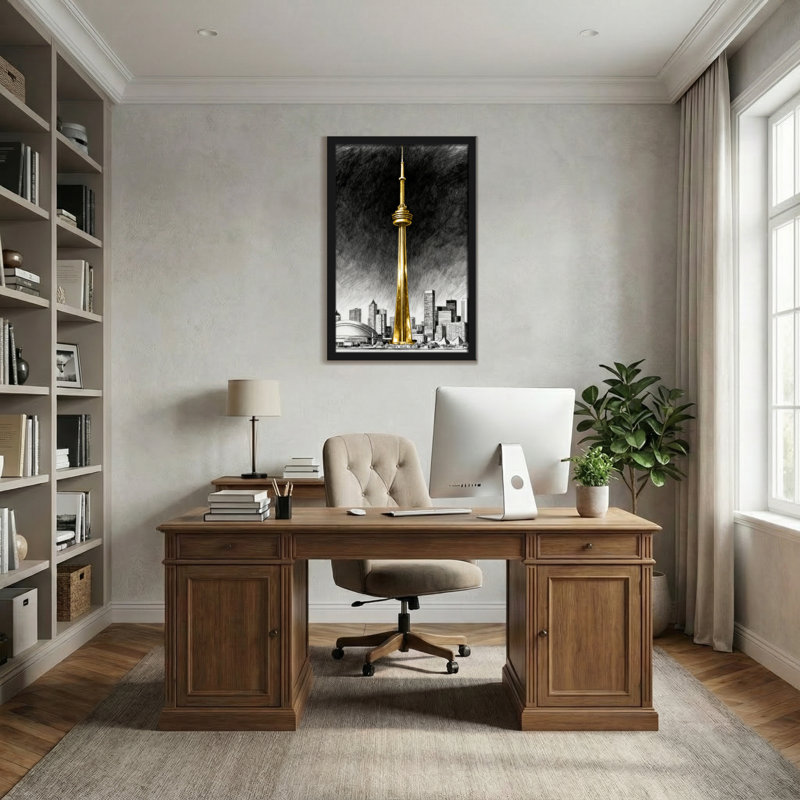 Scène et paysages urbains tour dorée, paysage urbain noir et blanc, H 36 po x l 24 po