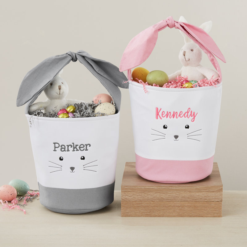 Lovable Bunny Embroidered Grey Easter Basket, Yes