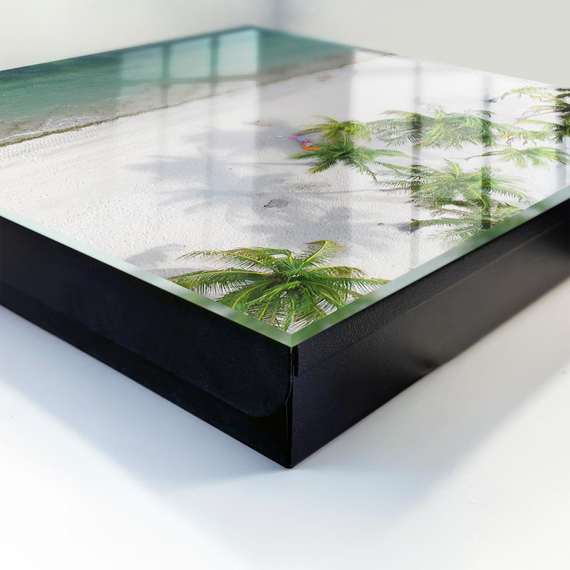 Wall mounted key box, Opens to the right, 30x30x5, White, Palm trees over a white beach next to blue water, 