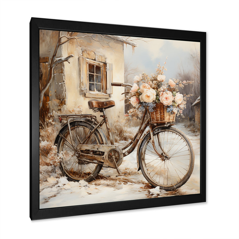 " Bicycle Charm In Winter II ", 24" H x 24" W x 1" D, Black Picture Framed