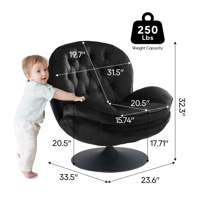 Zenon Velvet Swivel Accent Chair with Ottoman, Black Velvet