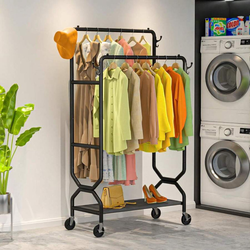 Portant 1 pièce pour vêtements robustes à double barre, portemanteaux suspendus, capacité de charge de 200 lb, roues verrouillables et hauteur réglable, support à vêtements robuste en métal pour l'organisation de placards et de chambres à coucher