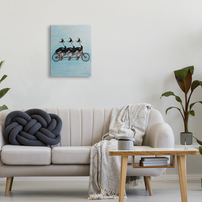 Autruches chevauchant une bicyclette tandem «rigolo» par Coco de Paris - Peinture, H 20 po x l 16 po x P 1,5 po, Toile tendue