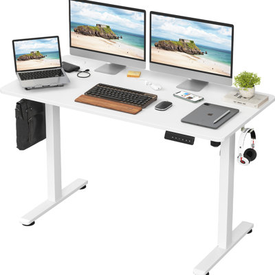 Bureau debout électrique à hauteur réglable pour le travail ergonomique à domicile, 40 po x 24 po, couleur blanche, table d'ordinateur rectangulaire, base en forme de T, matériau en métal et en bois, réglage manuel, supporte 80 kg,