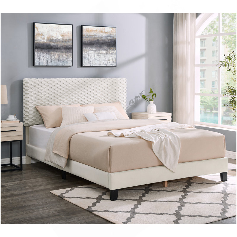 Lit plateforme tapissier Findlay Plush 3D colombe blanche, Off White, Grand lit