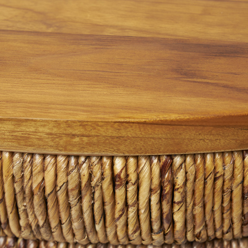 Swissvale Seagrass Handmade Linear Wrapped Coffee Table with Teak Wood Top, 15.75" H x 33.38" W x 33.38" D