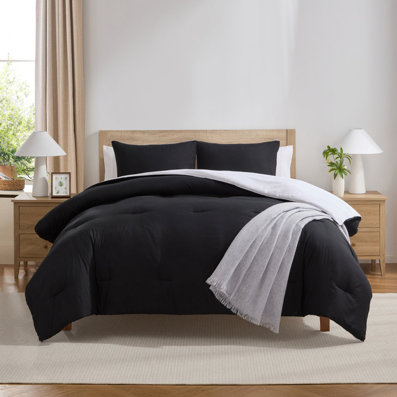 Modern Reversible 2 Piece Comforter Set, Black/White, Twin Comforter + 1 Standard Sham