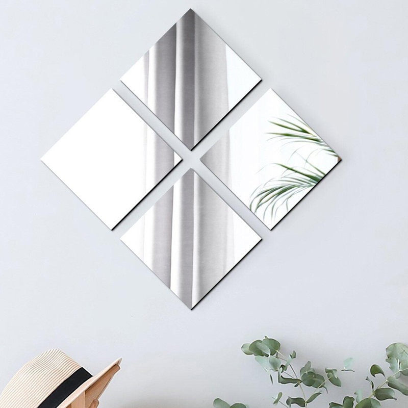 4  Small Adhesive Shaped Mirror Modern & Contemporary Frameless Set, Square 7.12" x 7.12"