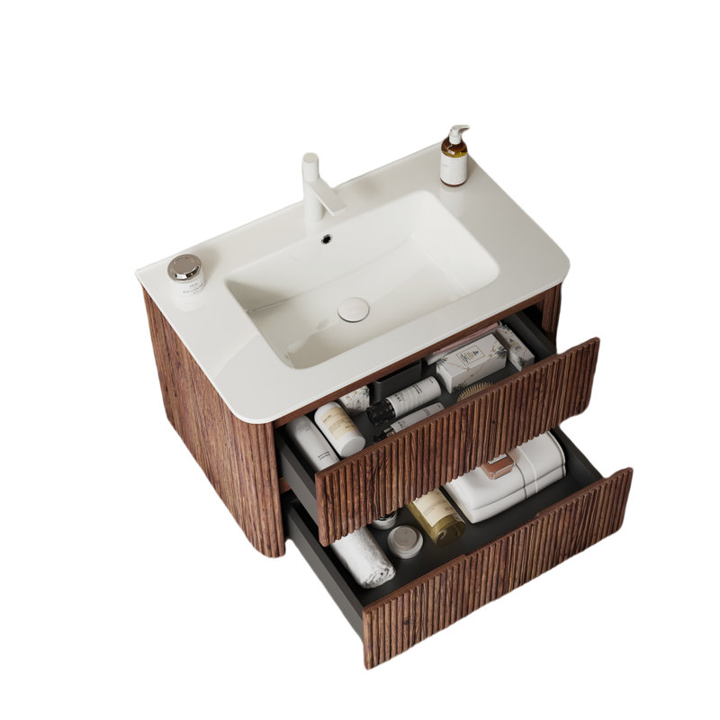 Meuble-lavabo de salle de bain avec lavabo en céramique, armoire de contreplaqué flottant moderne, 2 tiroirs, couvercle de trou de lavabo, drain, pré-assemblé, lavabo rétro en noyer, finition