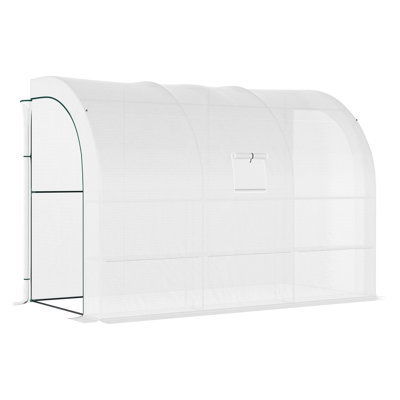 Serre Lean-To de 10 pi x 5 pi x 7 pi Outsunny avec tablettes grillagées à 3 niveaux, fenêtre à enroulement et porte à fermeture à glissière, couvercle en PE blanc sur cadre en acier