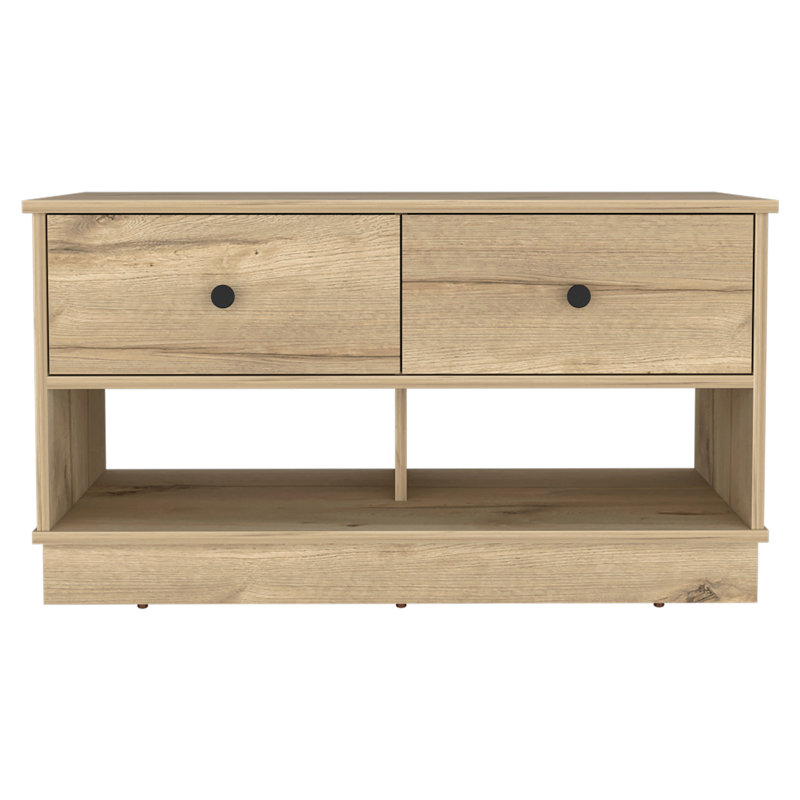 Rectangle 2-Shelf 2-Drawer Storage Bench, Light Oak