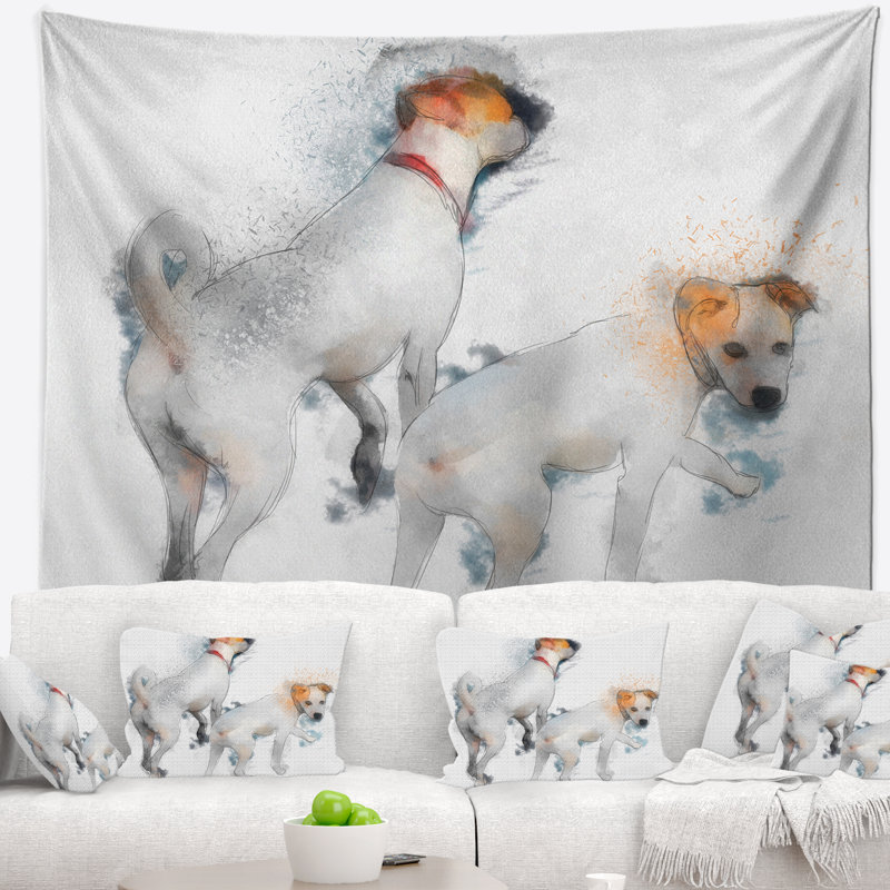 Tapisserie élégante avec chiens blancs, H 32 po x l 39 po
