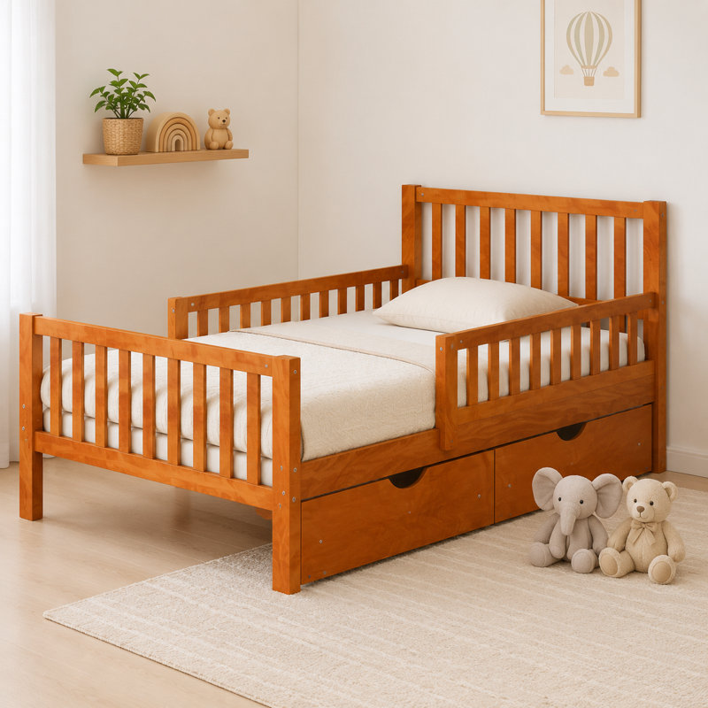 Lit plateforme simple en bois avec garde-corps double et 2 tiroirs de rangement, noyer, Twin, Brown