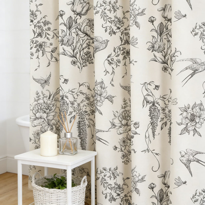 Rideau de douche en coton à motif floral hirondelle, Gris