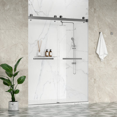 Catalyst 56"- 60" W x 72" H Double Sliding Frameless Shower Door in Brushed Nickel with 3/8" Clear Glass