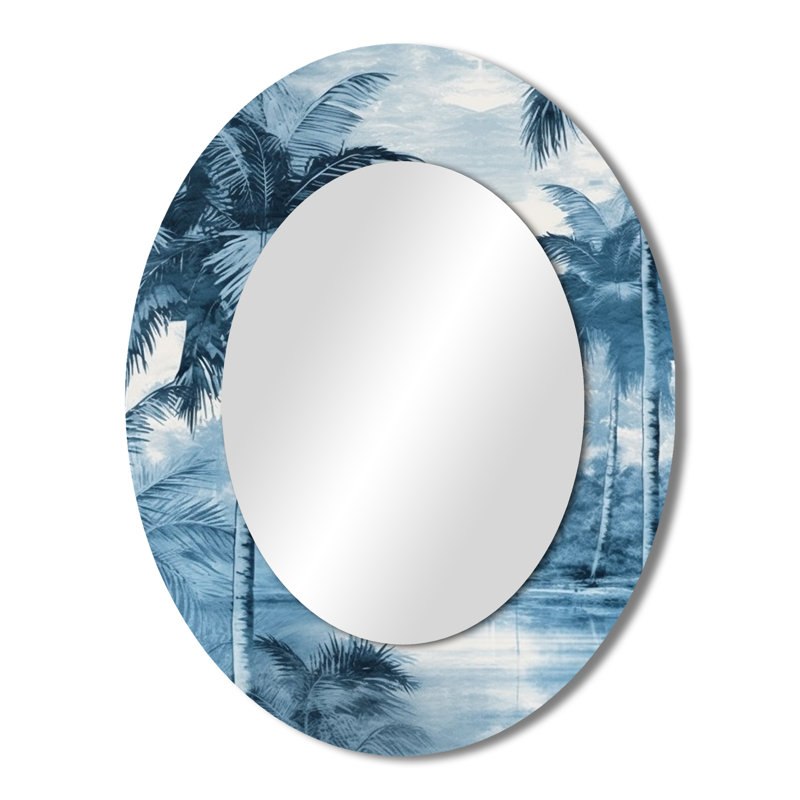 Palmiers bleus rétro ombres I - miroir décoratif ovale floral sur métal, H 43 po x l 33 po