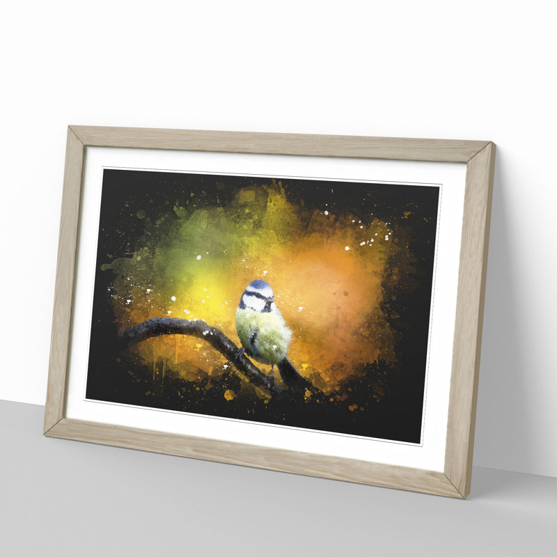 Blue Tit Bird Vol.2 Paint Splash - Picture Frame Graphic Art, Oak, 65cm H x 90cm W x 2cm D