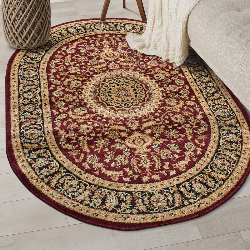 Shiflett Oriental Burgundy/Mustard/Black Area Rug, Oval 5' x 7'
