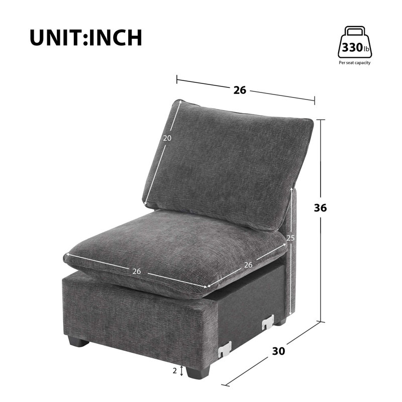 Module de siège simple 30 * 26 "pour canapé modulaire modulaire, assise profonde, chenille, 2 couleurs, Gris foncé