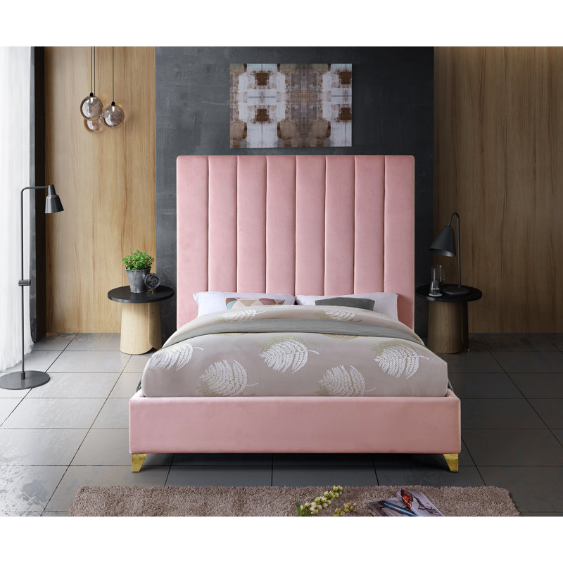 Lit plateforme tapissier Sibert, Très grand, Velours rose