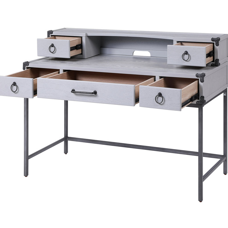 Bureau de travail gris et gris tendance, rangement à 3 tiroirs, conception industrielle stable, table d'écriture de style industriel à base de métal en bronze industriel, compartiment, cadre robuste