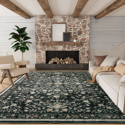Machine Washable Floral Area Rug with Non-Slip Backing, Oriental Inspired Vintage Design for Living Room, Bedroom, Dining Room, and Home Office