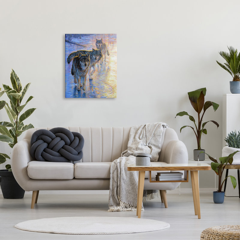 «Sunlit Wolf Trio», peinture sur toile, H 30 po x l 24 po x P 1,5 po