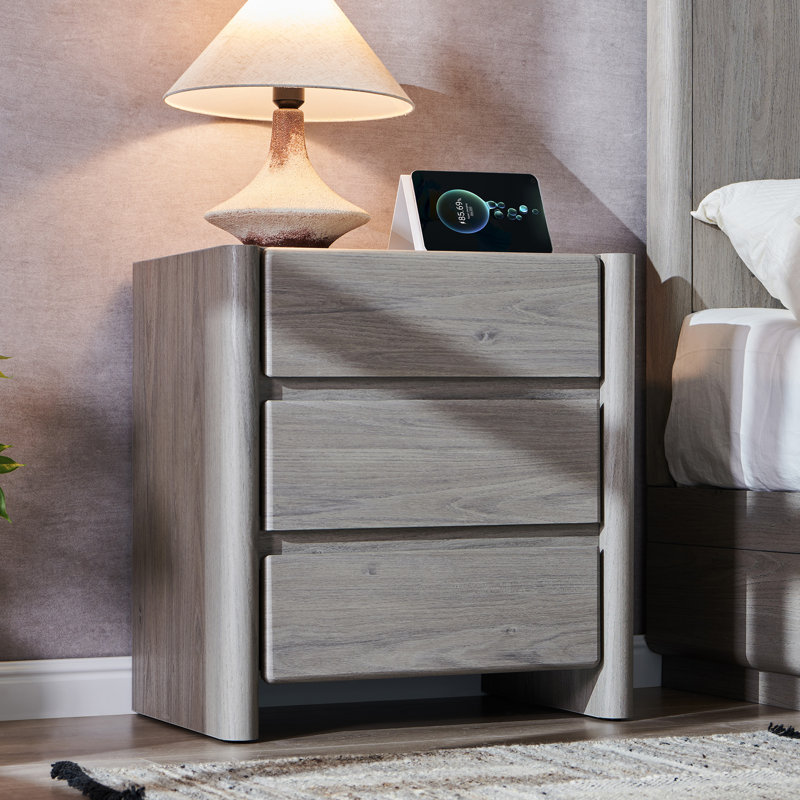 Bolanos 25" Tall Modern Nightstand with Charging Station & 3 Storage Drawers , Wood Bedside Table Large Mid Century for Bedroom
