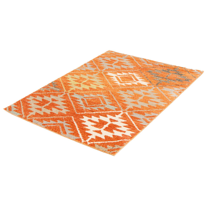 Tapis géométrique tissé à la machine en orange, Rectangle 5 pi 3 po x 7 pi 3 po