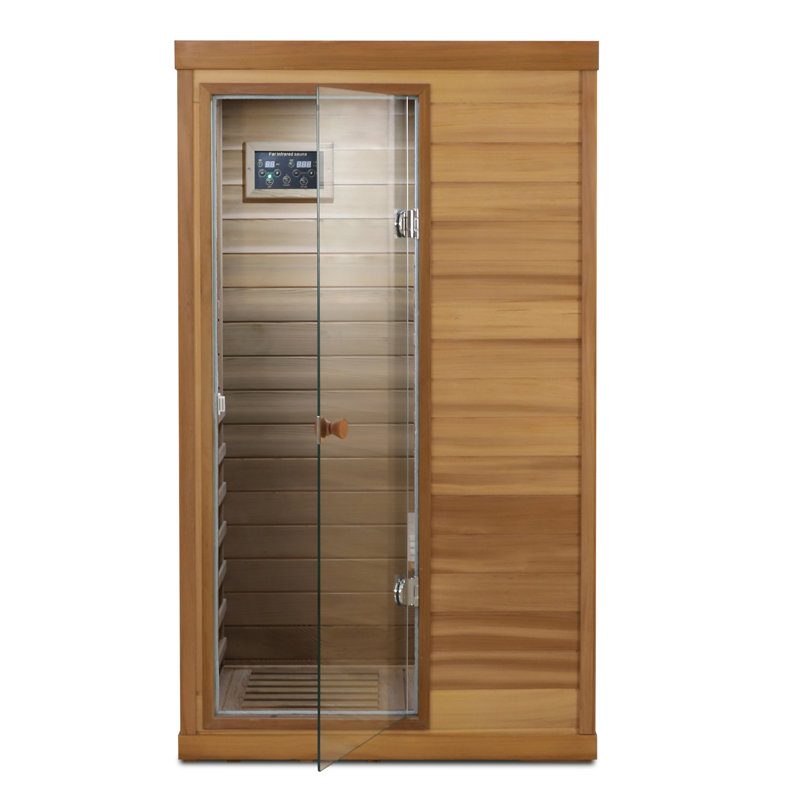 Mini porte en verre rouge à infrarouge lointain à une personne sur la gauche du sauna intérieur, Côté gauche