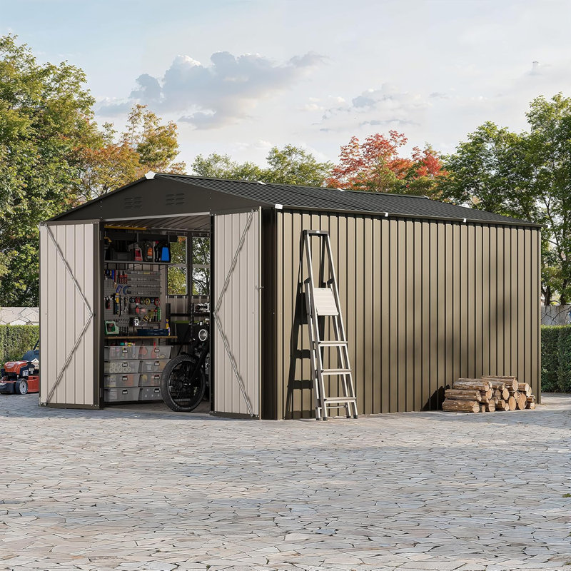 10 x 12 ft Outdoor Metal Storage Shed with Lockable Door and Cross Windows, Peaked Roof Garden Shed for Lawn Mowers, Bikes, Tools
