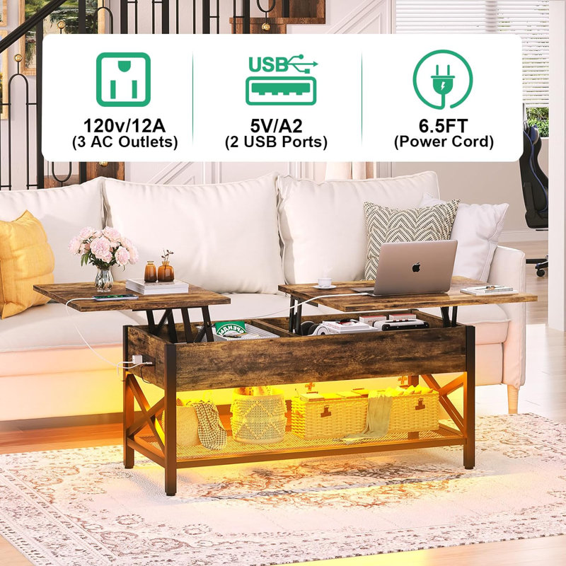 Coffee Table, Lift Top Coffee Table With Storage, LED Light & Power Outlet And Hidden Compartment, Retro Centre Table For Living Room, X Support Wood Tabletop, Metal Frame, Rustic Brown