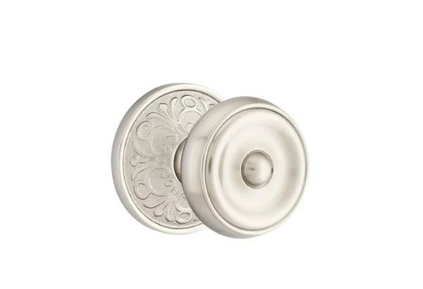 Ensemble de mortaise intérieure Emtek avec rosette Lancaster et bouton Waverly (droit), Nickel satiné