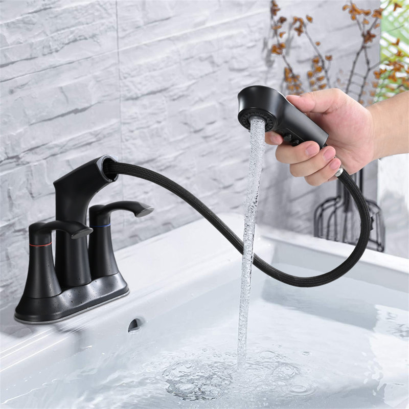 Robinet de salle de bain avec douchette extractible, robinet à 4 poignées et robinet à 4 poignées, Matte Black