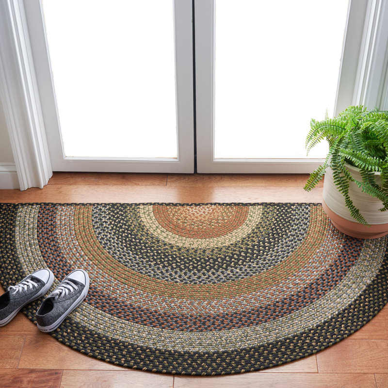 Tapis d'intérieur / extérieur géométrique tissé à la main Georgina, Demi-cercle 2 pi 6 po x 5 pi, Brown/Green
