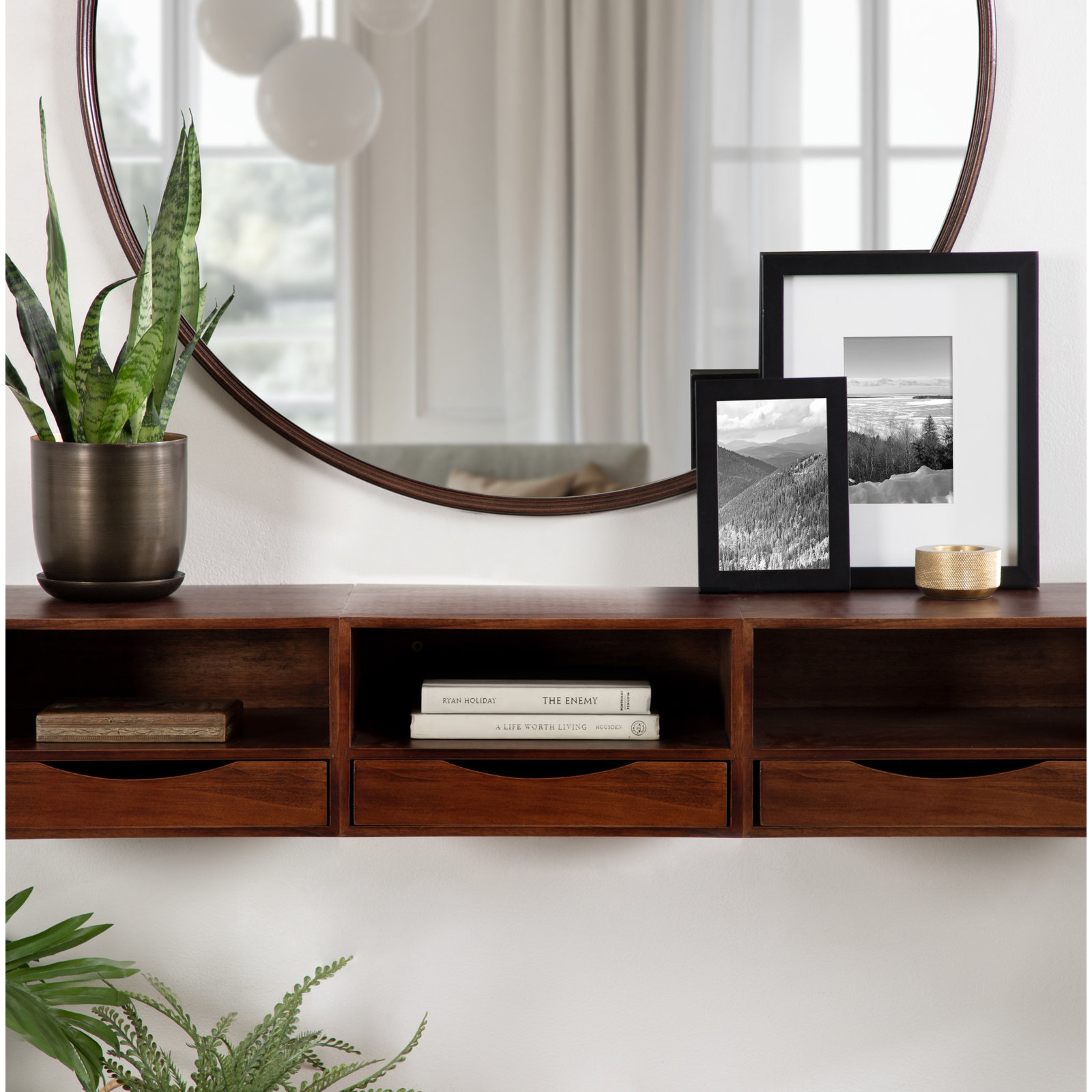 Adeana Poplar Solid Wood Floating Shelf with Drawer, Dark Walnut