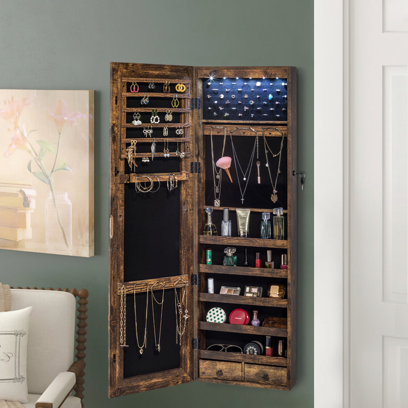 Armoire à bijoux murale avec miroir Grishilde, Brun rustique