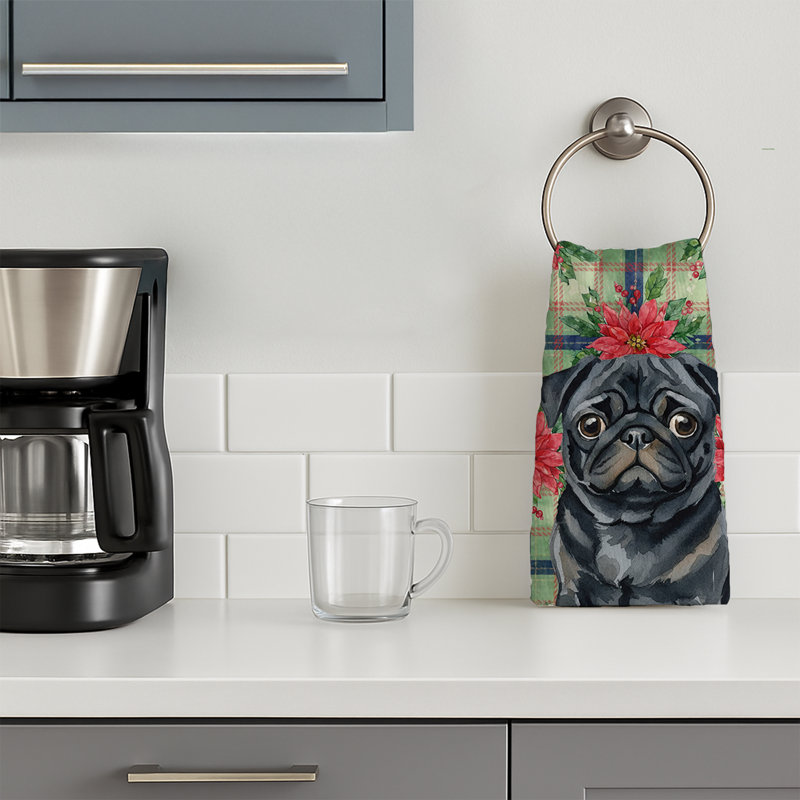 Black Pug Christmas PoinsettIas Kitchen Towel, Black Pug