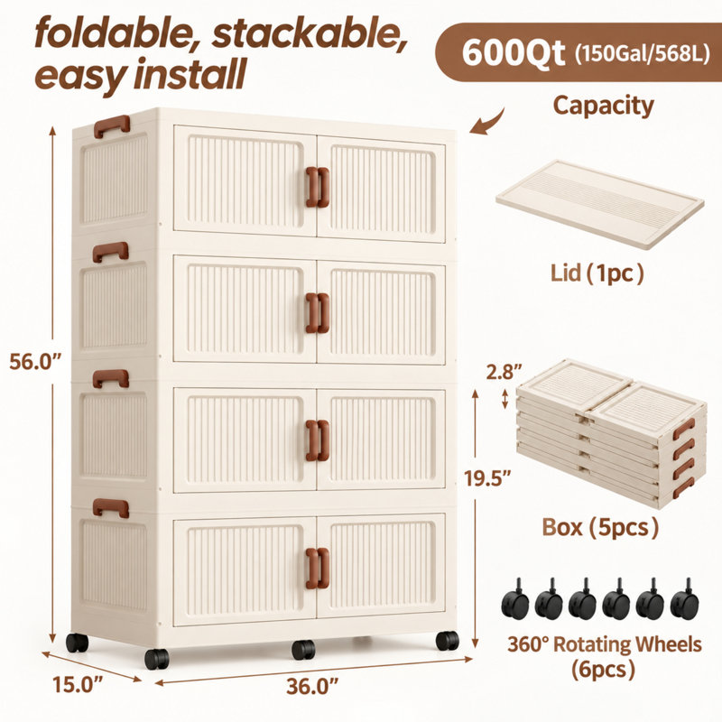 Rebrilliant Polyethylene Plastic Underbed Storage, 5 Pack 36 L x 15 W x 69 H