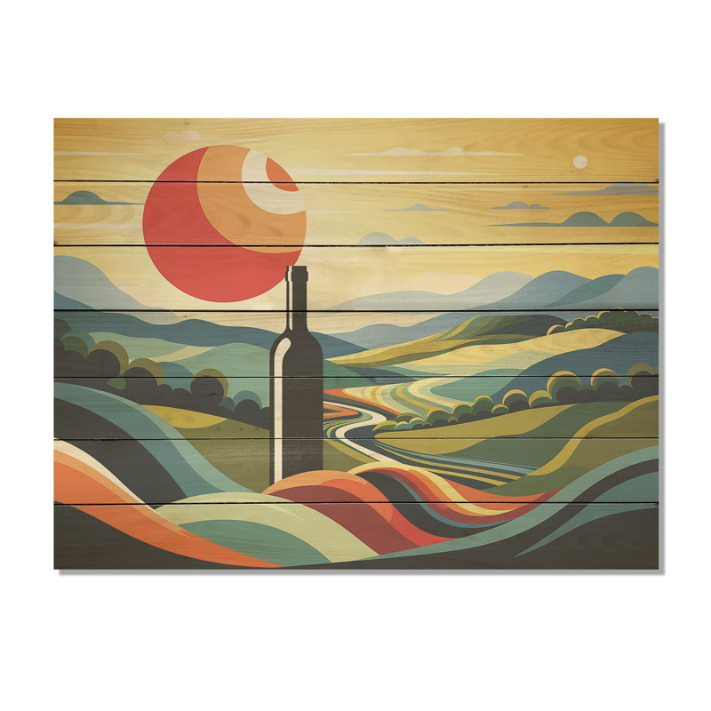 Bouteilles de vin dans un paysage italien I - impression de vin sur bois, H 34 po x l 44 po