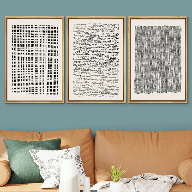 Motif de vagues géométriques quadrillées noir et gris, motif géométrique neutre encadré sur toile, 3 pièces, Encadré naturel
