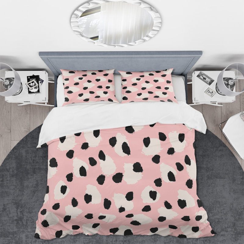 Ensemble de housse de couette moderne noir et blanc à pois rétro rose - microfibre de polyester