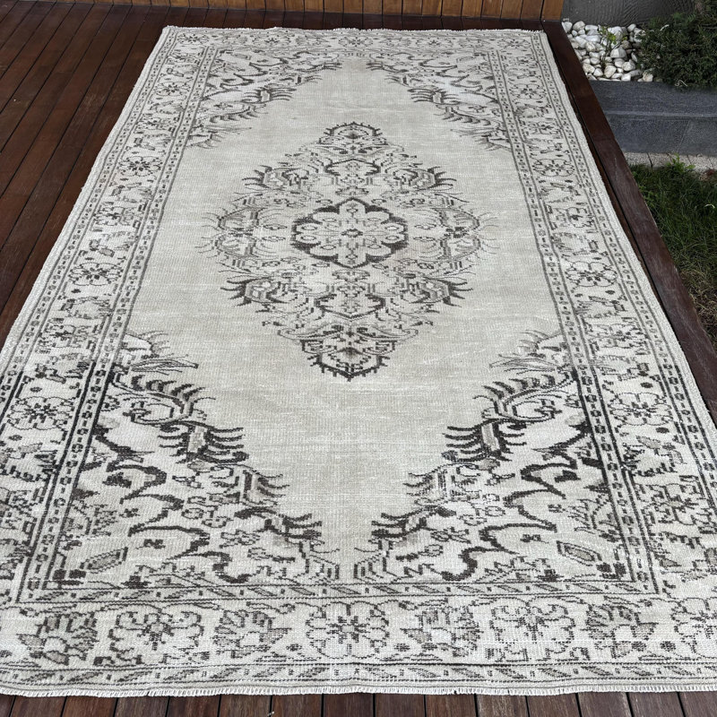 Grand tapis turc beige Oushak à pampilles idéal pour les salons en laine rétro