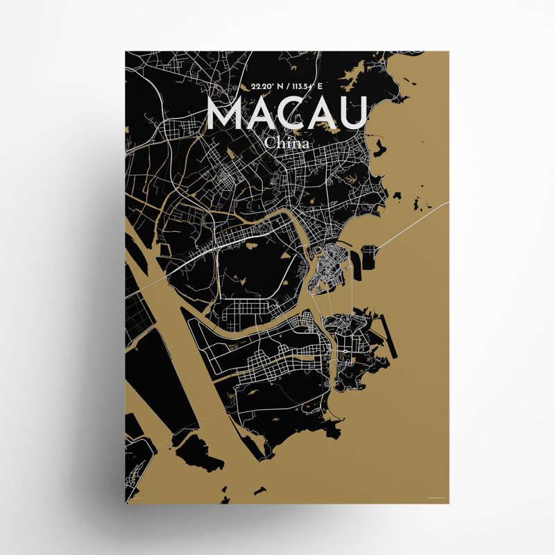 Macau, carte de la ville, impression, Noir et or, H 27,6 po x l 19,7 po