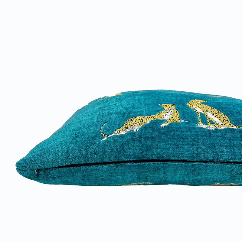 Chenille Embroidered Cheetah Lumbar Pillow Cover, Aqua