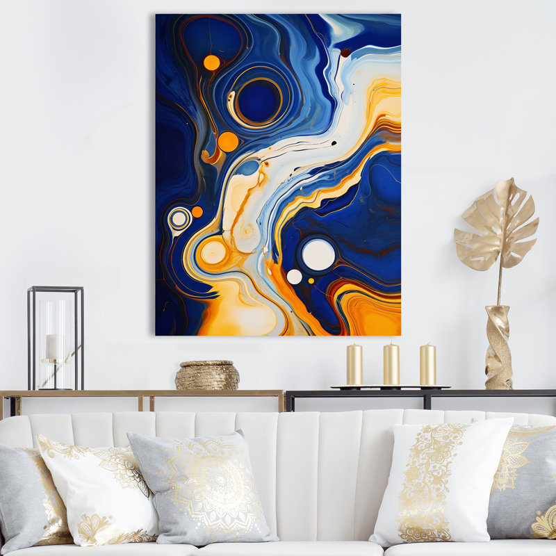Jaune et bleu, liquide, encre de rivière II - encre liquide, art mural abstrait, H 40 po x l 30 po x P 1,5 po