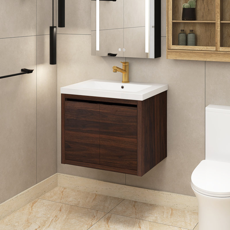 Meuble-lavabo simple 23,6 po avec plateau en résine Hajera, Noyer de Californie