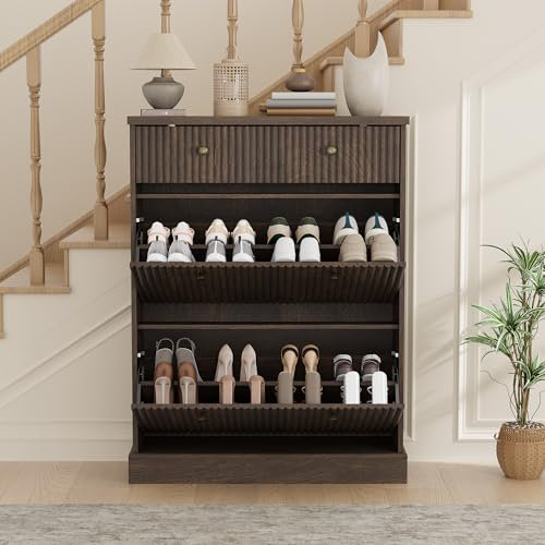 Shoe Cabinet with 2 Flip Drawers & 1 Top Drawer, Modern Narrow Storage Organizer with Adjustable and Removable Shelves