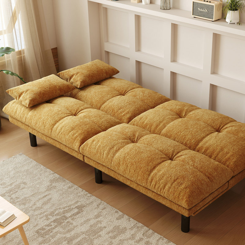 Futon Sofa Bed Convertible 70 Inch Solid Wood Couch For Living Room, Chenille Fabric, 2 Cushions, Orange